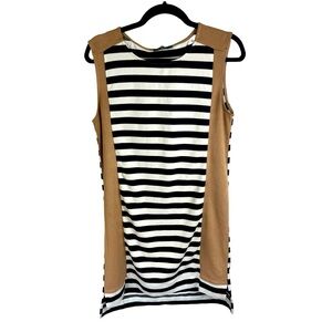 THML Sleeveless Black White Striped Knit Dress with Faux Suede Panels Sz Medium
